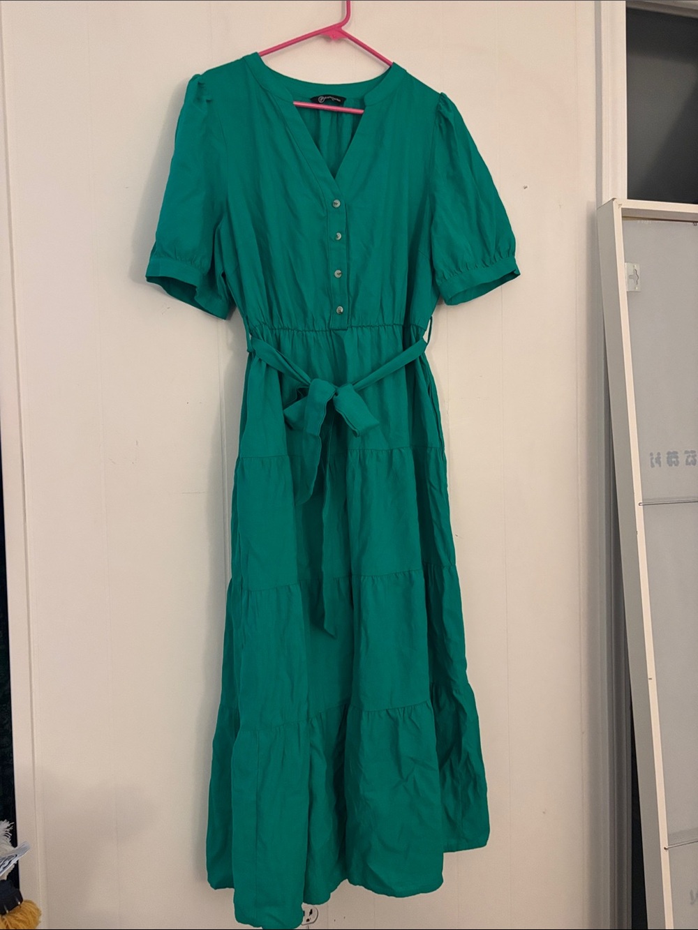 Green V-Neck Tiered Maxi Dress with Tie Waist